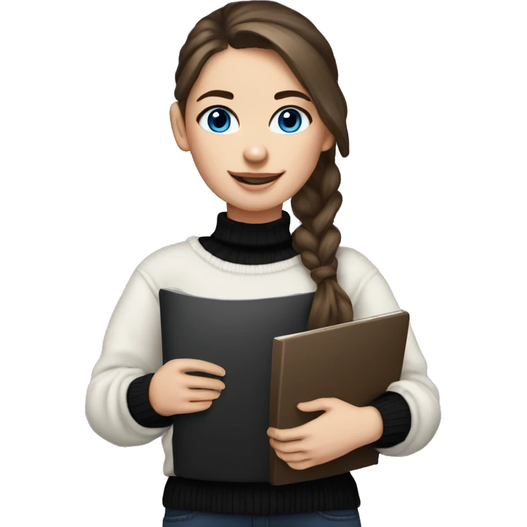 caucasian white IT girl student, holding laptop, blue eyes, dark brown hair ponytail wearing a thick black sweater emoji