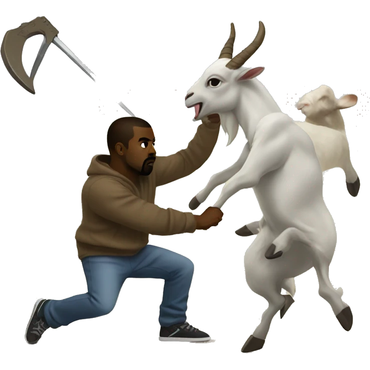 Kanye West fighting against a giant hybrid of goat and rake emoji