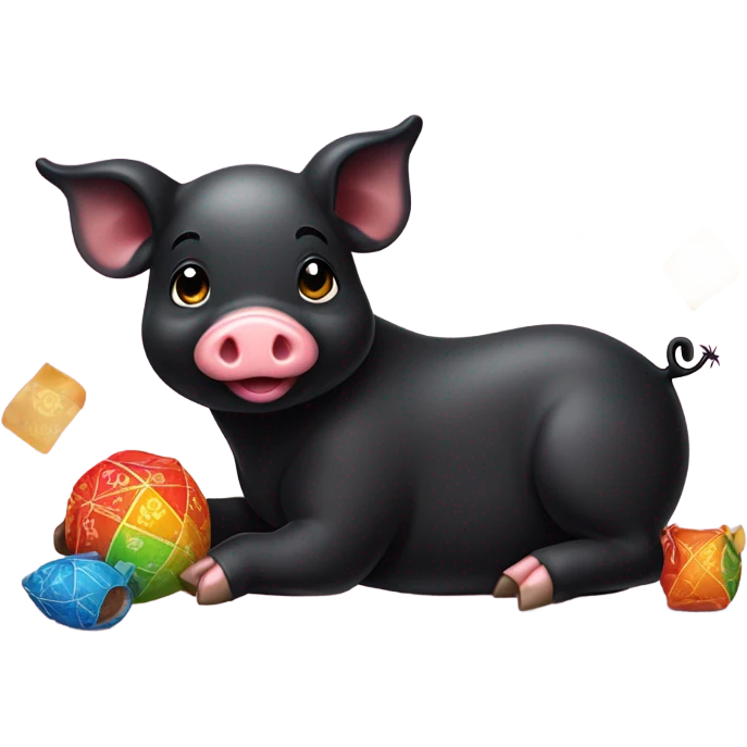 Cute baby black pig having 4 fortune pouches. emoji