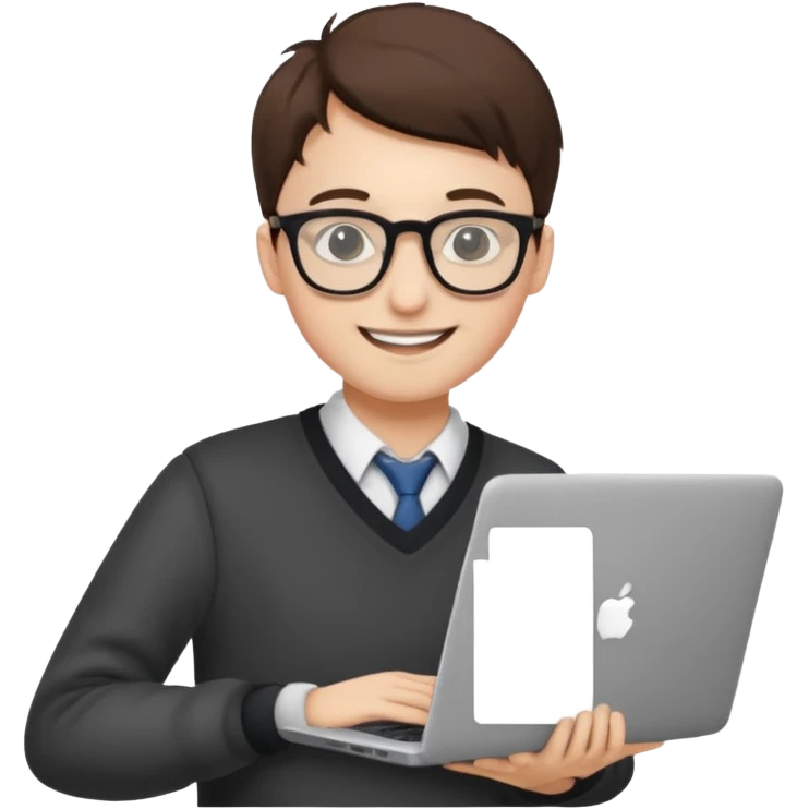 un estudiante que este parado con sus lentes y su laptop emoji