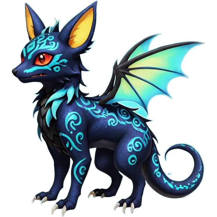 Shiny Fiery Dark Ugly Evil Realistic Glowing Eldritch Horror Cool Edgy Badass Emo Glorious Demonic Batty Dusky Ethereal Sparkly Shimmering Magical Punky Aural Iridescent Fluorescent Bioluminescent Litten-Amaura-Salandit-Noibat-Flareon-Fakémon-fusion (full body) with intricate pattern markings emoji