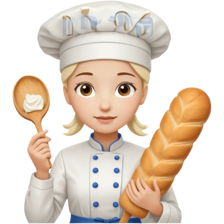 Young female baker - white chef hat, holding cream piping bag and bread emoji