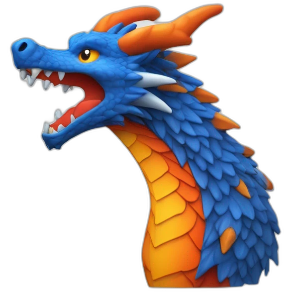 Un dragon mi loup de couleur rouge, bleu, blanc et orange moutardes, avec des corne de bélier orange moutard. Il qui crache du feux emoji