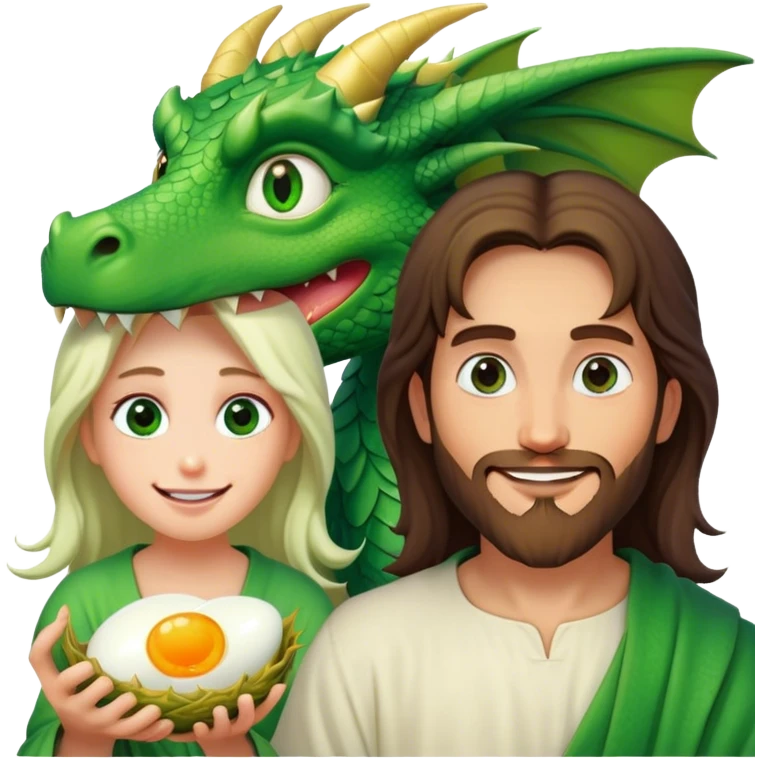 Jesus with a smile and an eye twitch next to a dragon eating eggs emoji