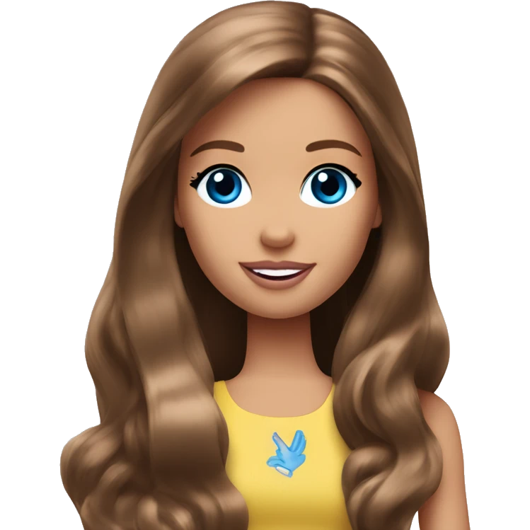 Barbie long brown hair blue eyes giving a peace sign emoji