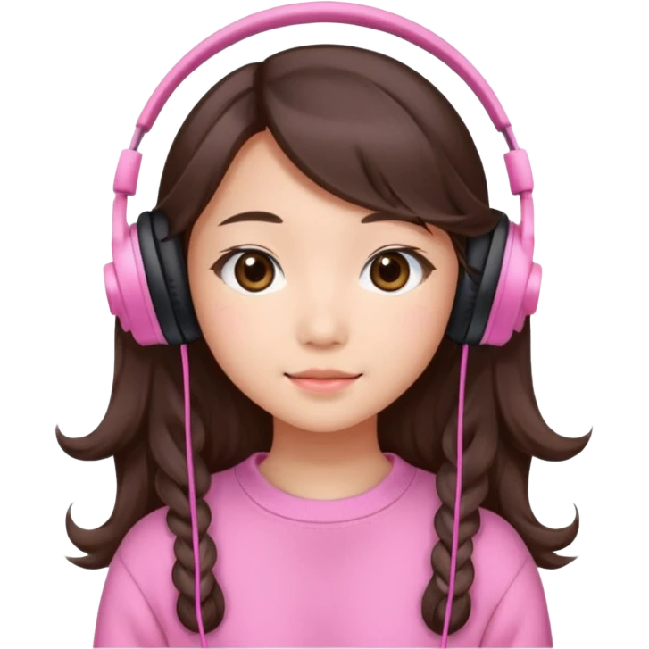 a asian japanese girl with wavy long silky brown hair and no bangs. the right side of hair is set on her shoulder she has a cute pink gaming headphones. she is wearing a cute pink sweater  emoji
