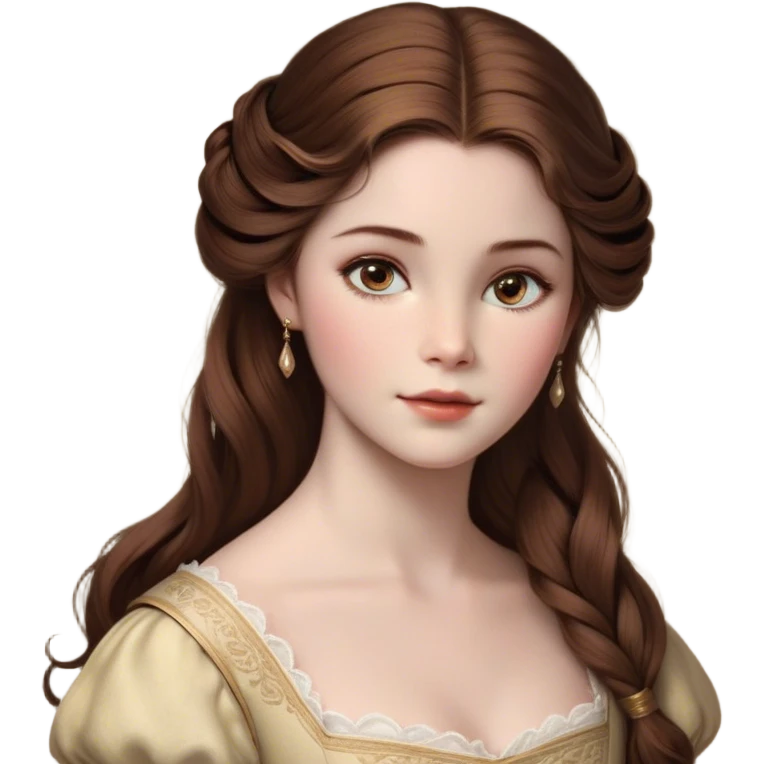 Cinematic Realistic Belle Portrait, depicted with lifelike skin texture, soft natural lighting, and intricately detailed brown hair styled elegantly. Her deep, expressive eyes exude warmth and intelligence, complemented by a serene and graceful expression. She is dressed in her classic attire, with rich fabric textures and delicate folds that catch the light beautifully. The portrait features a soft, enchanting glow with a natural, radiant finish, capturing the essence of timeless beauty in a realistic and painterly style, evoking a sense of depth and authenticity. emoji