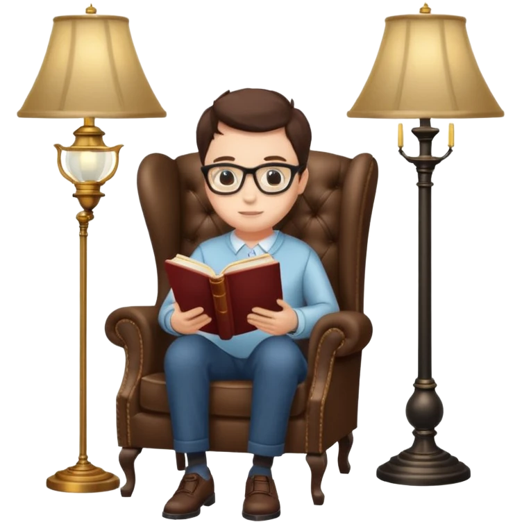 peruse at your leisure, person reading with small glasses in a wingback chair next to a lamp emoji