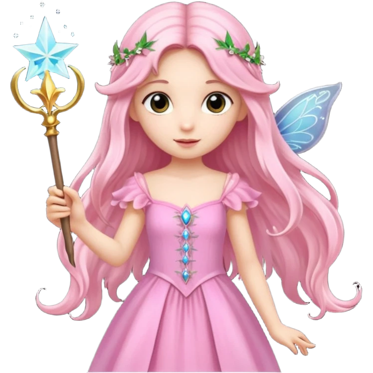 long haired fairy with small eyes, pink dress and a wand emoji