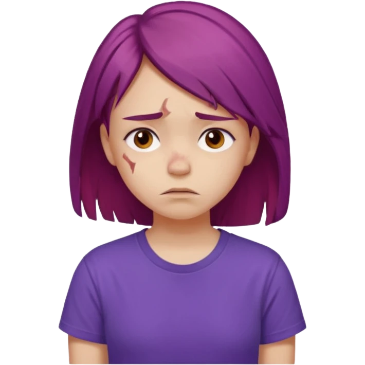 Young girl with red, damaged, and unattractive hair, wearing a purple T-shirt, with a sad and subdued expression. emoji