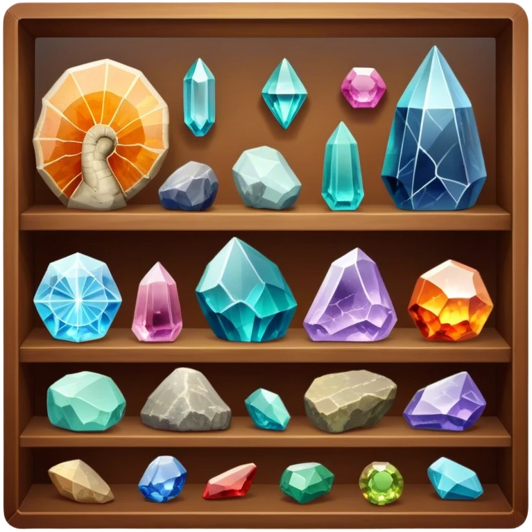 Icon for Mineral, Stone & Fossil Collecting: a display of various colorful minerals, gemstones, and fossils, arranged neatly on a table or shelf. The icon should reflect the beauty and scientific interest of collecting natural specimens. Transparent background. emoji