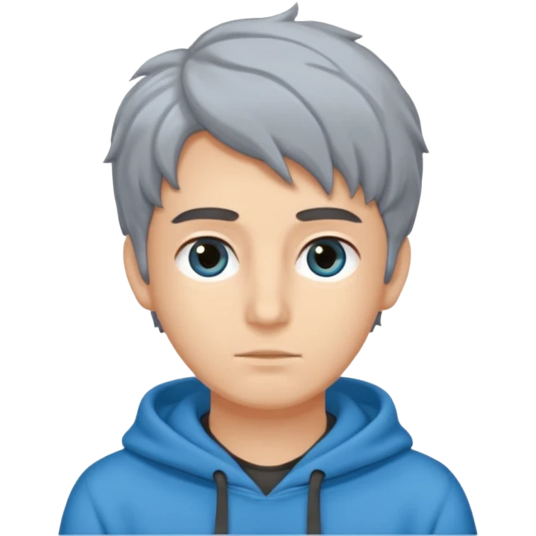 Crea un emoji a mezzo busto come ti ho già chiesto però di un ragazzo sulla 20ina ma che sembri più giovane, vestito con una felpa grigia. Occhi azzurri, capelli neri con il ciuffo davanti un po bagnato. emoji