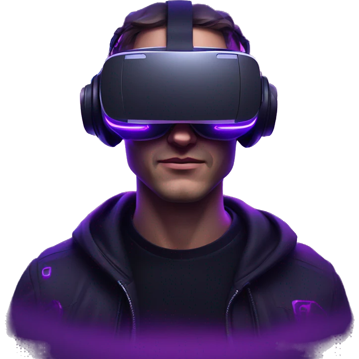 Russian man wearing a black hoodie with "OMG" letters on it and VR headset in a cyberpunk VR environment with violet neon lighting. emoji