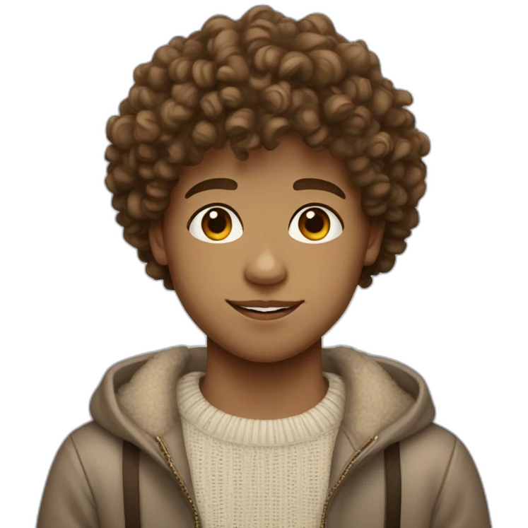 Boy with curls from Venezuela, semi-light brown curly hair. Wearing a sweater with fringes of 3 aesthetically pleasing. colors. "White skin" emoji