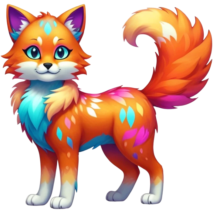 Vibrant multicolored neon-colored Falvie-Fionbri-creature-sparkle-feline-canine-hybrid-fursona, full body, fur pattern-markings emoji
