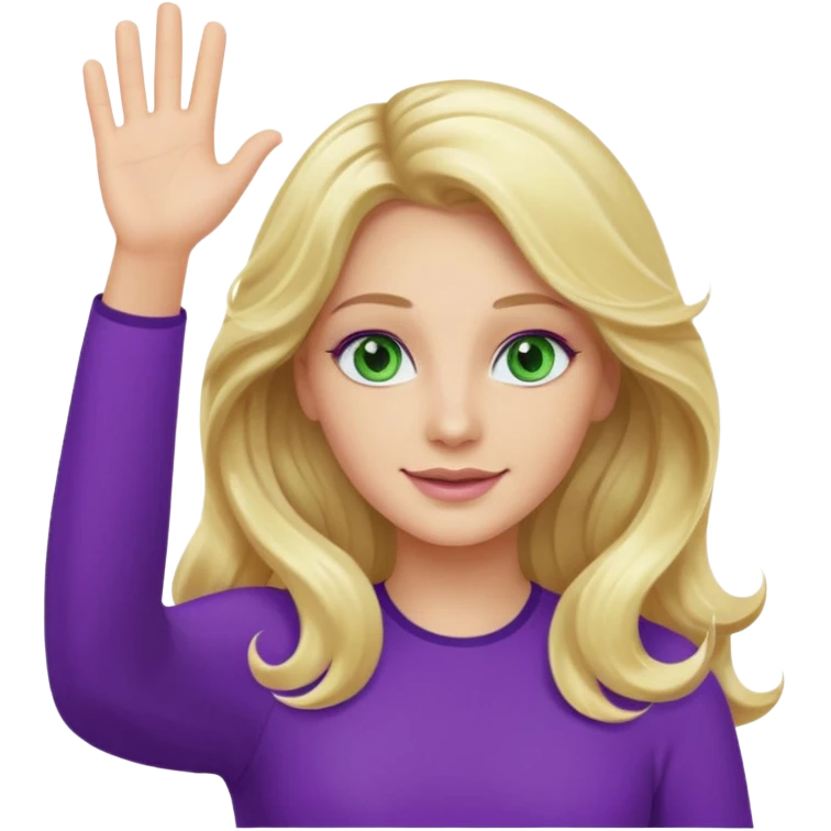 lady with long wavy blonde hair, purple top, green eyes, waving hello emoji