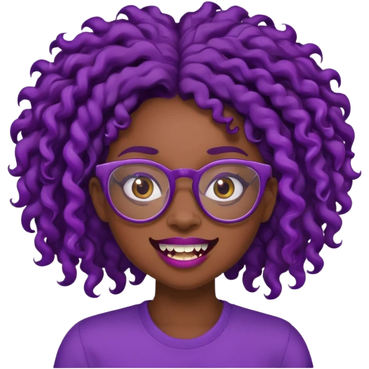 nerd emoji like with glasses and silly exaggerated buck teeth but it’s a black girl with dark purple curly hair emoji