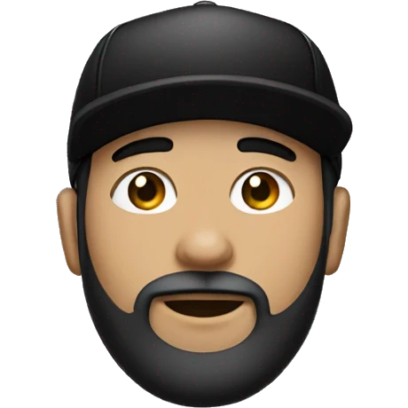 Man with black hair and beard and a black cap on and with black t shirt with white skin emoji