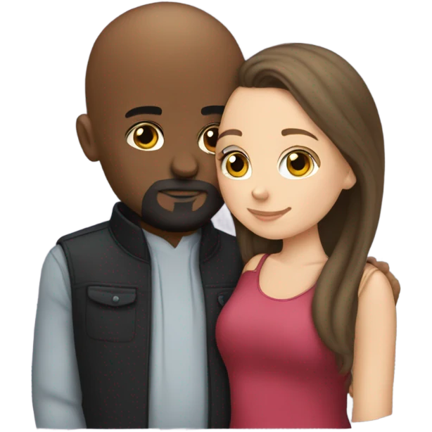 White girl brunette kissing black bald man with beard emoji