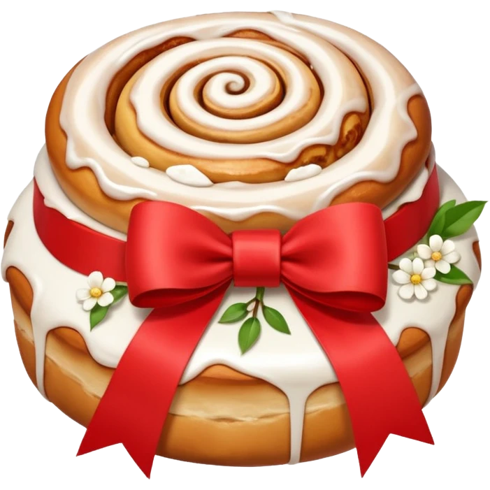 A cinnamon roll , white flowers bouquet with red ribbon and cute white bow emoji