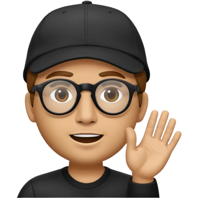 el Memoji es un personaje masculino con cabello castaño, gafas y una gorra blanca. Tiene la mano levantada como si estuviera diciendo "stop" o "espera". emoji