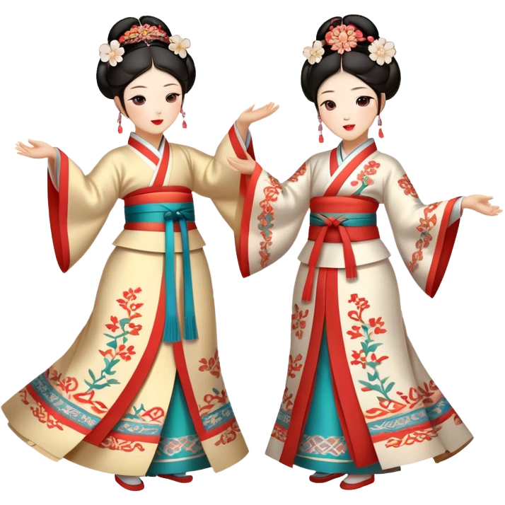 Cinematic Realistic scene of two performers engaging in Ganggangsullae, dressed in traditional Korean costumes with intricate patterns and graceful movements, illuminated by soft, festive lighting that accentuates the cultural ambiance emoji