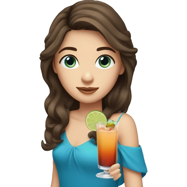 Girl with Brown hair and blue eyes holding a cocktail emoji