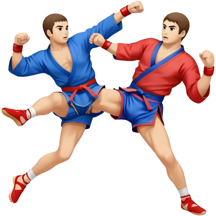 An icon symbolizing Sambo, featuring two fighters in blue and red kimonos with shorts and wrestling shoes. One executes a powerful throw, while the other attempts a defensive grab. The fighters are engaged in a grapple, using joint locks and sweeps.  emoji