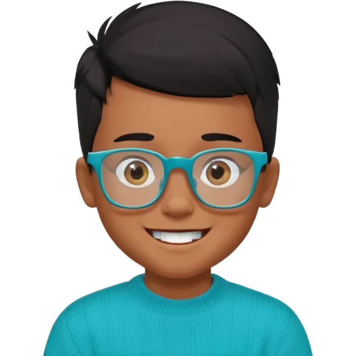 Chico de 7 años, pelo negro y repeinado pero con volumen hacia arriba, piel marrón, gafas cuadradas azules, sonriente y sin 1 diente, jersey verde turquesa y ojos muy rasgados, Y NADA redondeados, NO REDONDOOOOOOOOOOO ESO 0 emoji