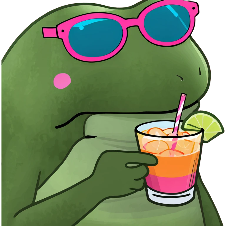 Bufo frog with pink sunglasses, holding a rainbow cocktail, in bufo style, transparent background emoji