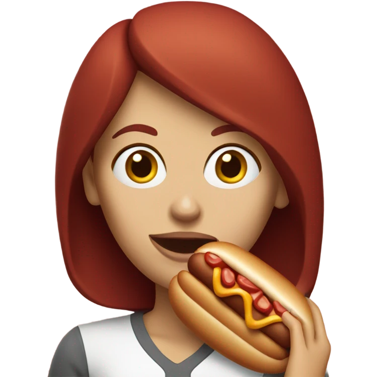 White woman with dark red hair eating hotdog emoji
