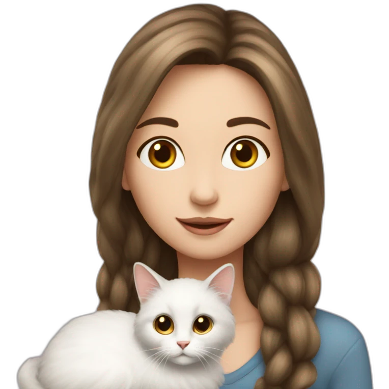 Girl-long-hair-brunette-and-cat-angora-white emoji