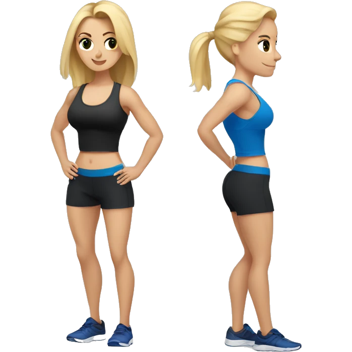 blonde woman working out with a black tank top and a blue shorts and she is holding a dumbell emoji