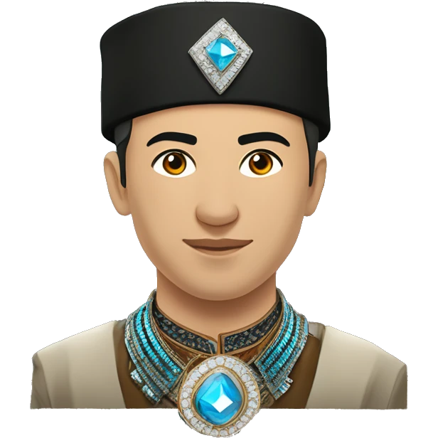Male, Young man (around 30 years old). Almazik Ergi is dressed in a traditional Yakut national costume with modern elements. Around his neck, there is an amulet shaped like a diamond. emoji