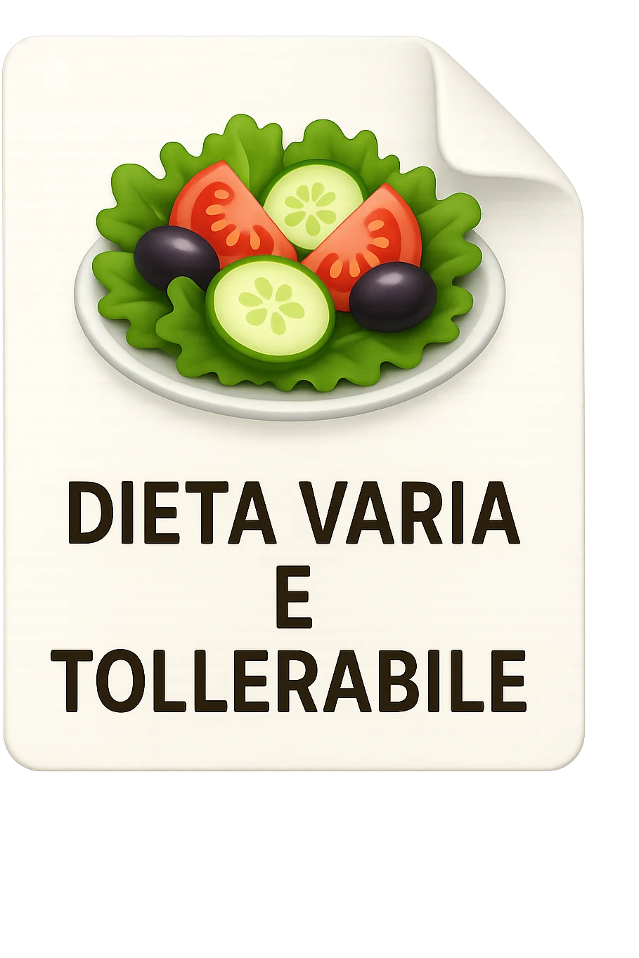 emoji stile iphone di un foglio con un insalata disegnata sopra e la scritta "DIETA VARIA E TOLLERABILE, iperrealistico 4k, isolato su sfondo bianco emoji