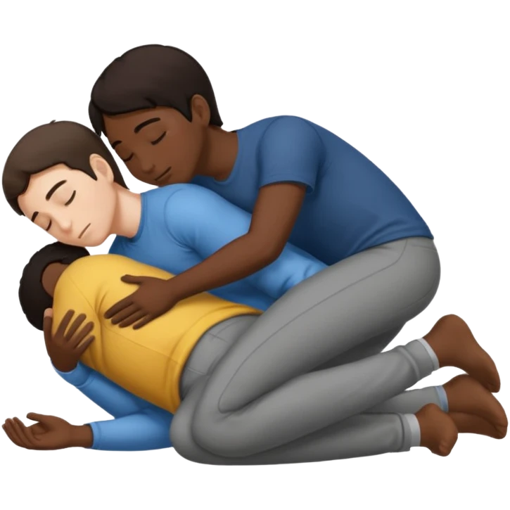 1White adult male dark hair and dark skin adult male, spooning naked on the ground, touching, cuddling, rear view,  emoji