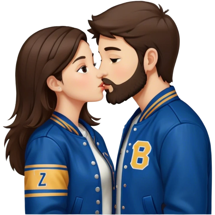 A brunette girl with a letterman jacket kissing a brunette boy with a beaamrd emoji