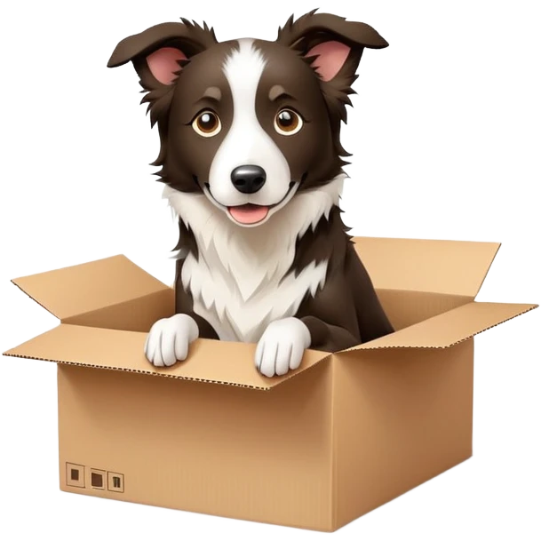  A very cute young Border collie  with one's head tilted to one side poked its paws out of the cardboard big box and placed them on top of it emoji