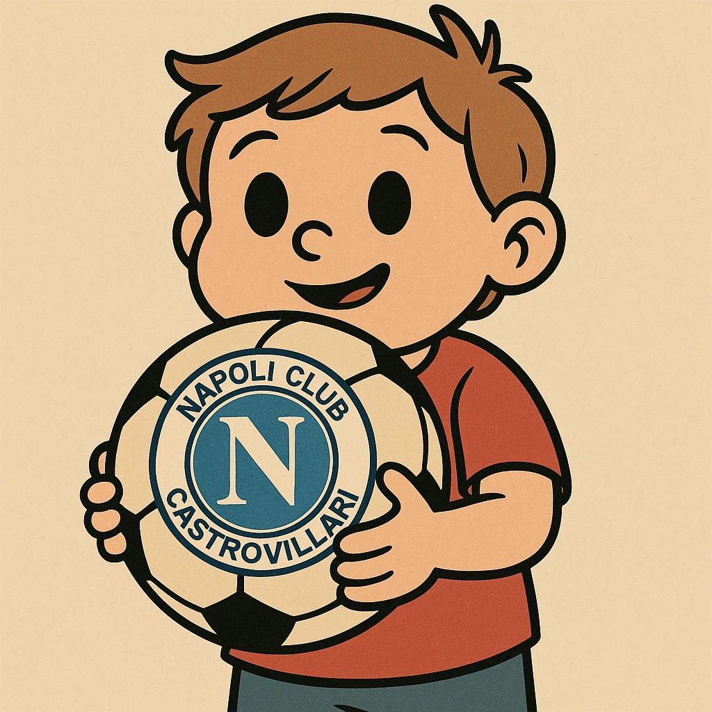 cartoon style illustration of a child's hands holding a ball, prominently featuring the logo of NAPOLI CLUB CASTROVILLARI emoji