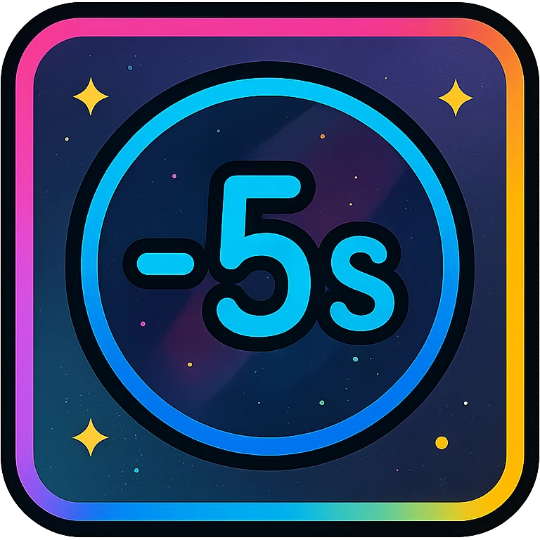 -5 sec icon with dark purples, blues, black base, neon glowing border, sophisticated nebula gradients, subtle small stars, clean lines, minimalistic, luminous effect, accent colors cyan, pink, yellow, green, orange, professional look, consistent with media controls set emoji