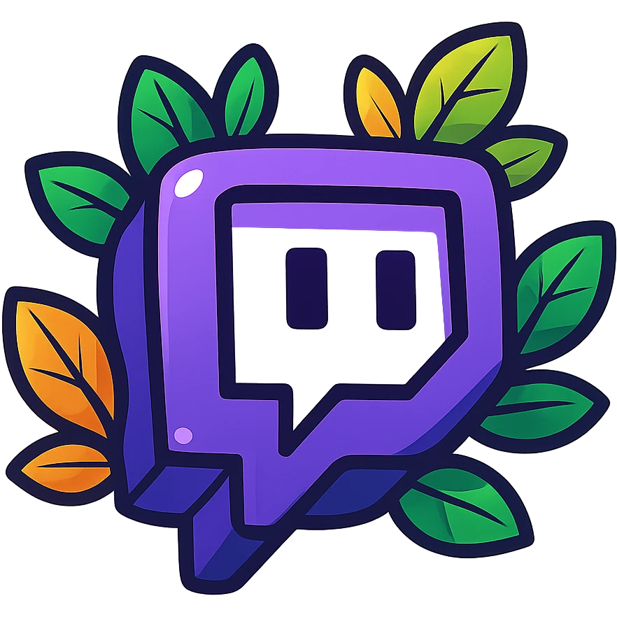 plump, vibrant, cartoon-style Twitch logo, bold outline, expressive shadows, glossy highlights, decorated with bright leaves around the logo, no background emoji