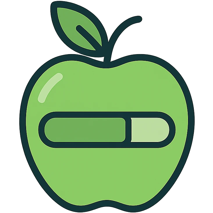 logo for a calories tracker app, flat icon style, green color scheme, stylized apple with a progress bar emoji