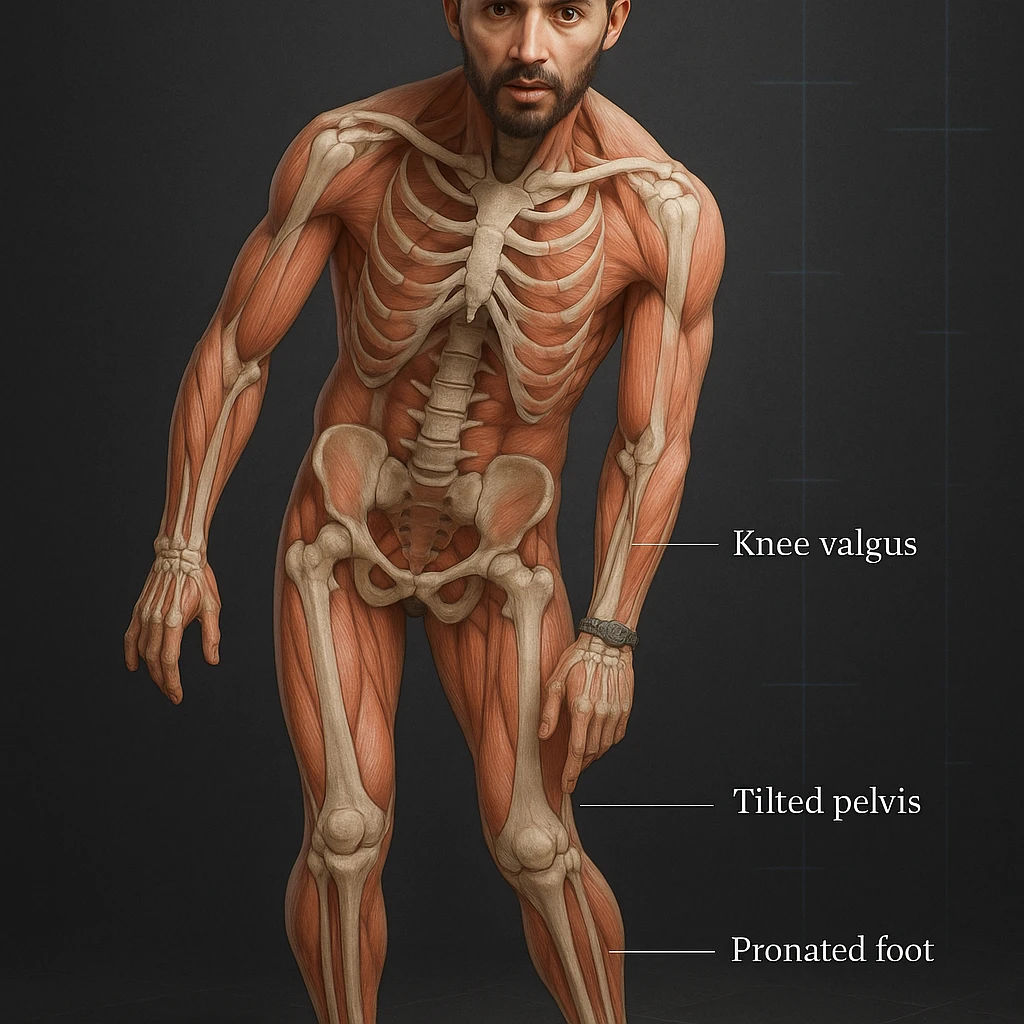 Hyperrealistic 4K anatomical view of a man in a similar position to the reference image. Knee valgus, tilted pelvis, pronated foot, bones and muscles in transparency, medical atmosphere. Variant 8 with slightly changed overall body rotation. emoji