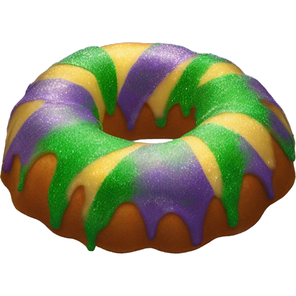 Realistic isolated flat mardi gras oval bundt king cake with glitter icing on top half of the cake. emoji