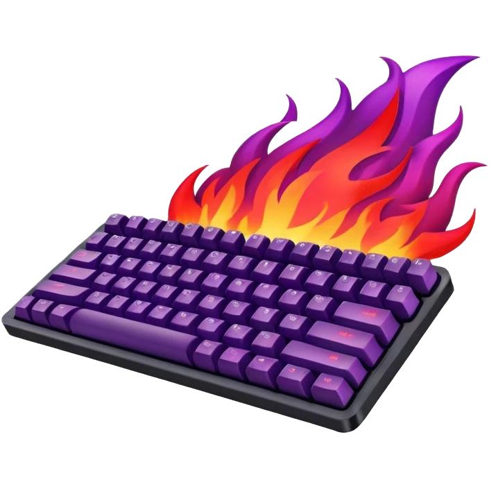 Purple-colored cool mechanical keyboard 65% in red-greenish fire flames in the background. emoji