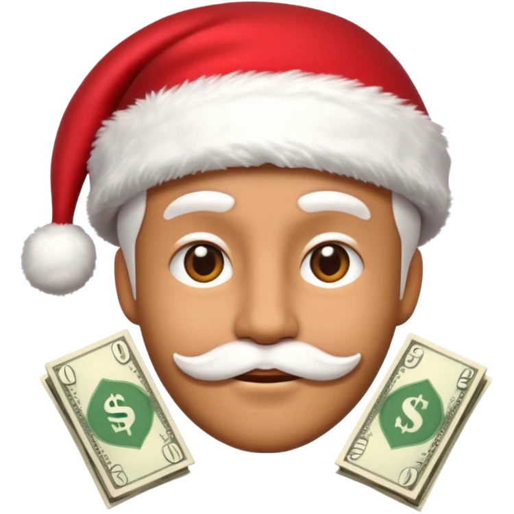 A confident rich emoji face wearing a Santa hat, money stacks, casino vibe, New Year theme, premium 3D emoji style, sharp details, no text, isolated on transparent background emoji