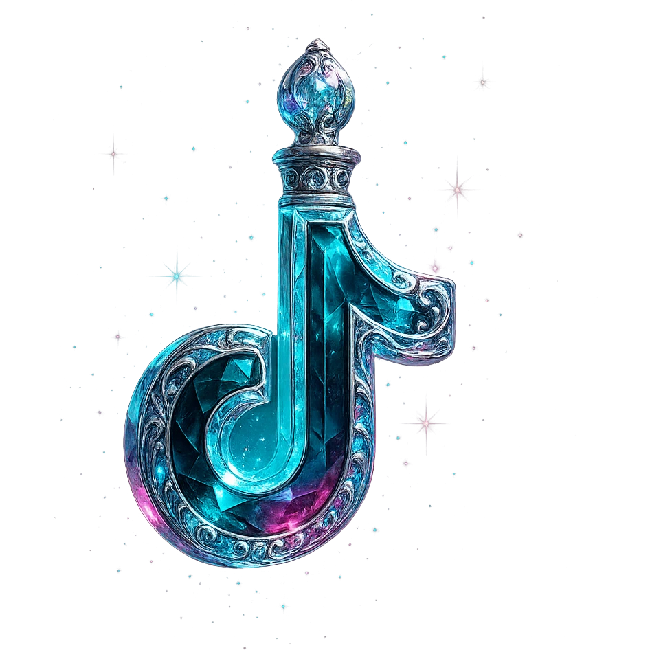 luxurious crystal elixir bottle in the shape of the TikTok logo, black and cyan with pink accents, ornate silver and iridescent details, very magical glowing and sparkling effects, very small neck, seamless bottom, transparent background, bottle clearly floating in air, no base or shadow, modern, collection style emoji