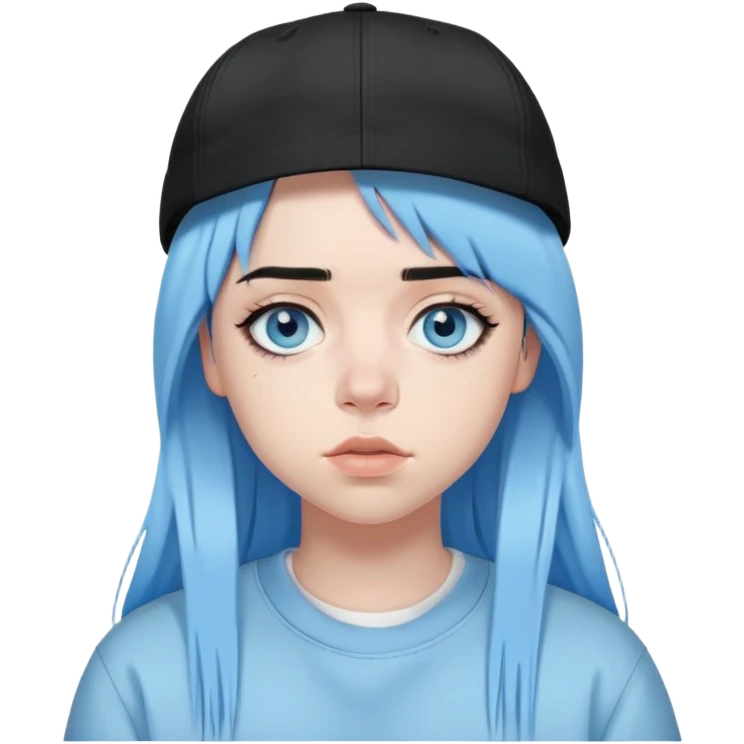 billie eilish wearing backwards cap, black hair, black eyeliner, light blue eyes emoji