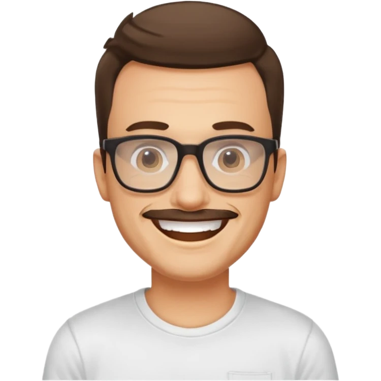 portrait of adult man, wearing a t-shirt, square glasses, grinning face emoji