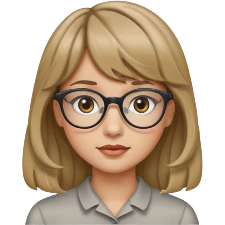 Uma garota de cabelo ondulado loiro escuro,mas com franja lisa e olhos pretos,usa óculos e a cor de pele branca emoji